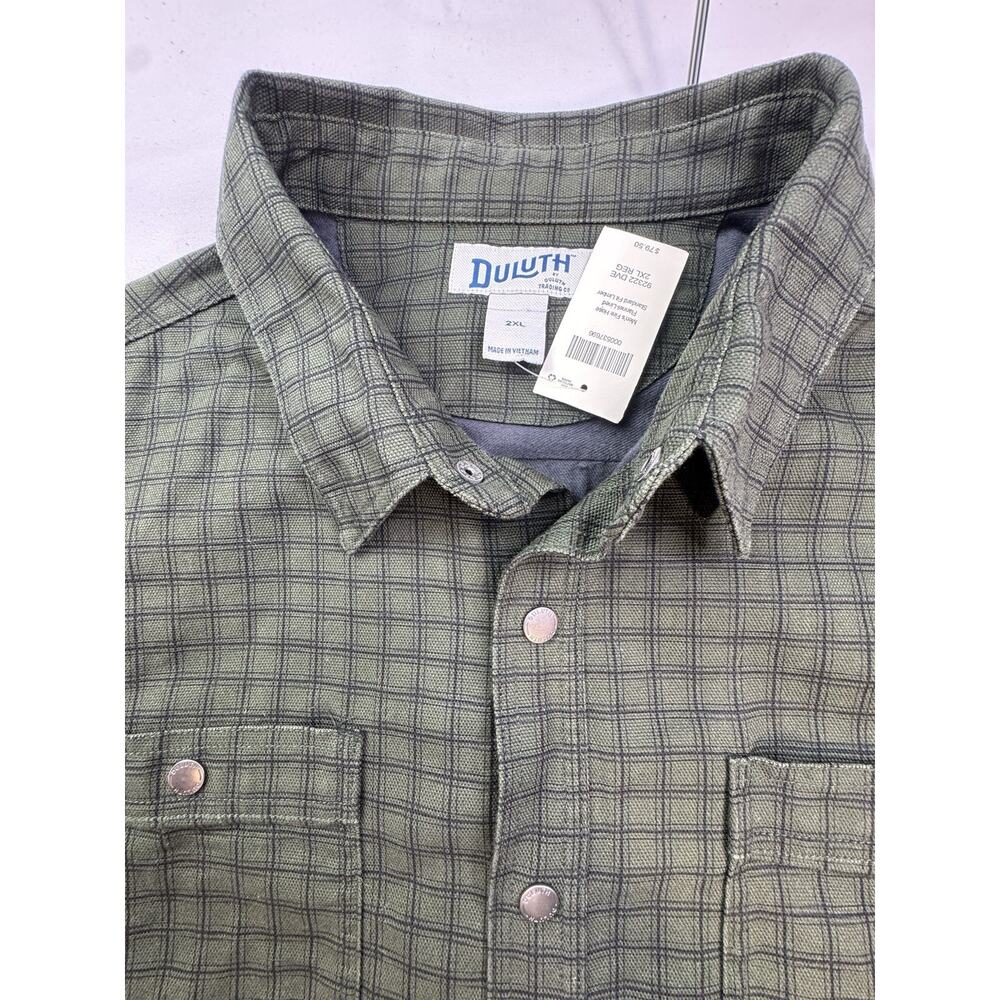 Duluth Trading Co Jacket Mens 2XL Green Plaid Canvas Flannel Lined‎ Snap Shacket